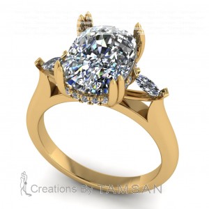 Three Stone Double Claw Prong Cushion and Marquise Engagement Ring 4.40Ctw