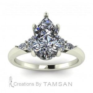 Pear Triplet Marquise and Round Side Stone Engagement Ring 1.85Ctw