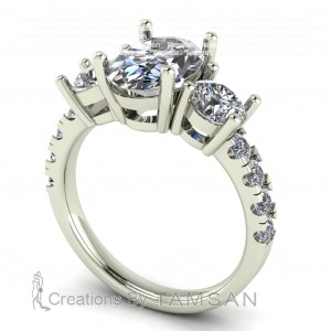 Three Stone Oval and Round Engagement Ring 3.45Ctw