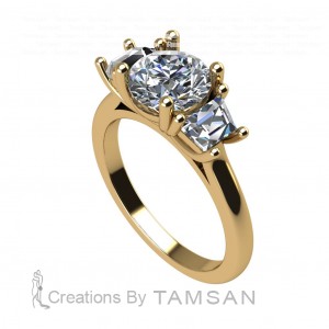 Three Stone Round and Trapezoid Engagement Ring