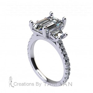 Three Stone Emerald and Trapezoid Flush Engagement Ring