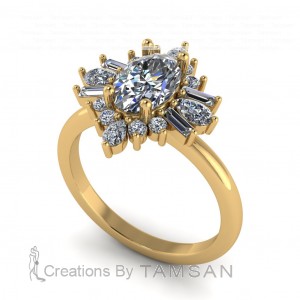 Baguette, Pear and Round Halo Engagement Ring 1.65Ctw