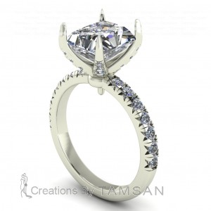 French Pave Radiant Side Stone Engagement Ring 2.85Ctw