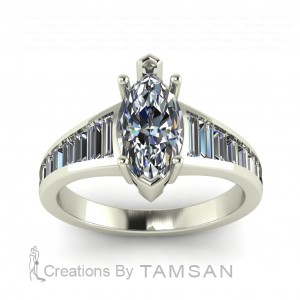 Marquise and Baguette Channel Taper Side Stone Engagement Ring 2.10Ctw