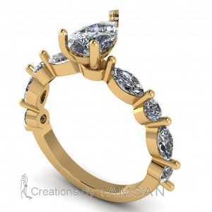 Round and Marquise Single Shared Prong Pear Side Stone Engagement Ring 2.20Ctw