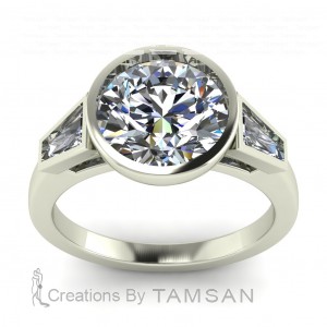 Three Stone Round and Taper Baguette Bezel Engagement Ring 2.80Ctw