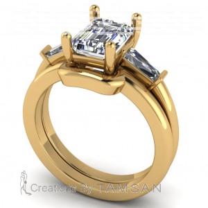 Three Stone Emerald and Taper Baguette Diamond Bridal Set 1.70Ctw