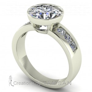 Round Bezel Wide Shank Side Stone Engagement Ring 3.50Ctw