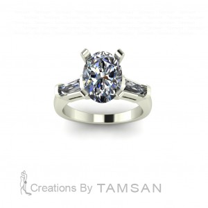 Three Stone Oval and Taper  Baguette Engagement Ring 3Ctw