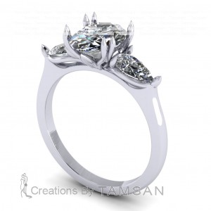Three Stone Oval and Pear Tulip Engagement Ring 2.95Ctw