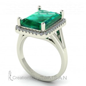 Big Emerald Halo Split Shank Engagement Ring