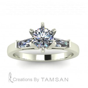 Three Stone 6 Prong Round and Taper Baguette Engagement Ring 0.90Ctw