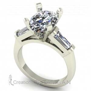 Three Stone Oval and Taper Baguette Tall Basket Head Engagement Ring 3Ctw