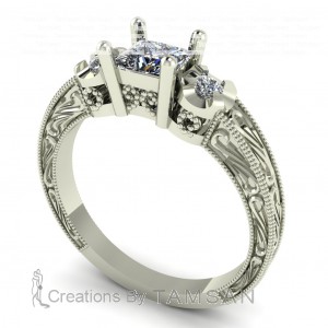 Three Stone Princess and Round Engraving Milgrain Engagement Ring 0.70Ctw