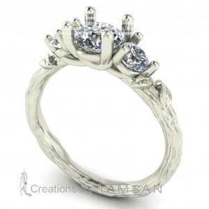 Three Stone Round Cut Tree Bark Engagement Ring 1Ctw