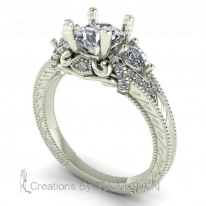 Three Stone Round and Pear Engagement Ring with Milgrain 1.95Ctw
