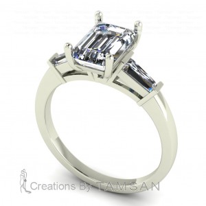 Three Stone Emerald and Taper Baguette Engagement Ring 1.95Ctw