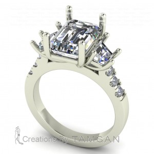 Three Stone Emerald and Trapezoid Engagement Ring 4Ctw