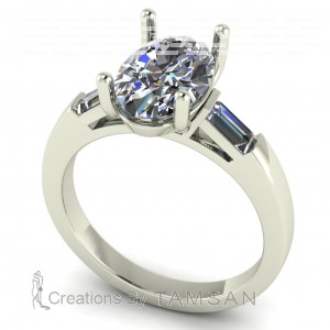 Three Stone Oval and Baguette Engagement Ring 2.20Ctw
