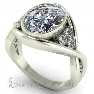 Oval Bezel Twist Side Stone Engagement Ring 3.55Ctw