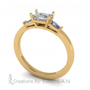 Three Stone East West Emerald and Taper Baguette Engagement Ring 0.80Ctw
