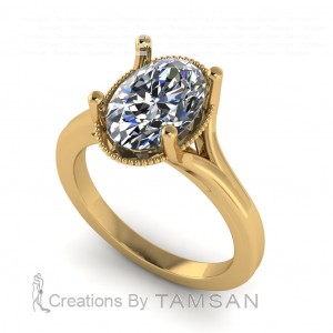 Oval Solitaire Split Shank Milgrain Engagement Ring 1.75Ctw