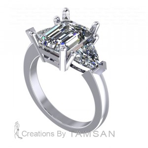 Three Stone Emerald and Trillion Engagement Ring 2.95Ctw